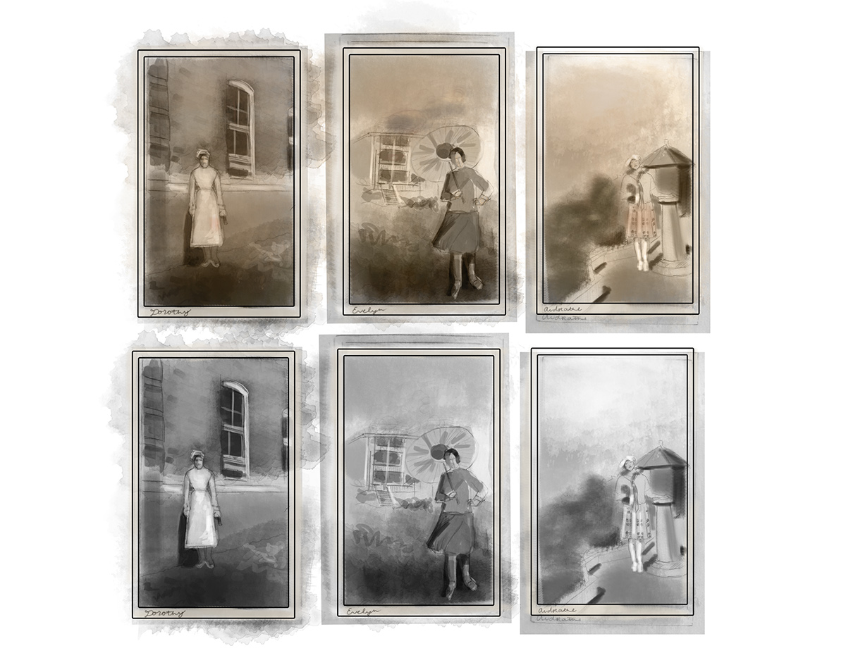 Triptych wacom digital painting black and white vintage old photographs woman nurse birds dark and light Ps25Under25