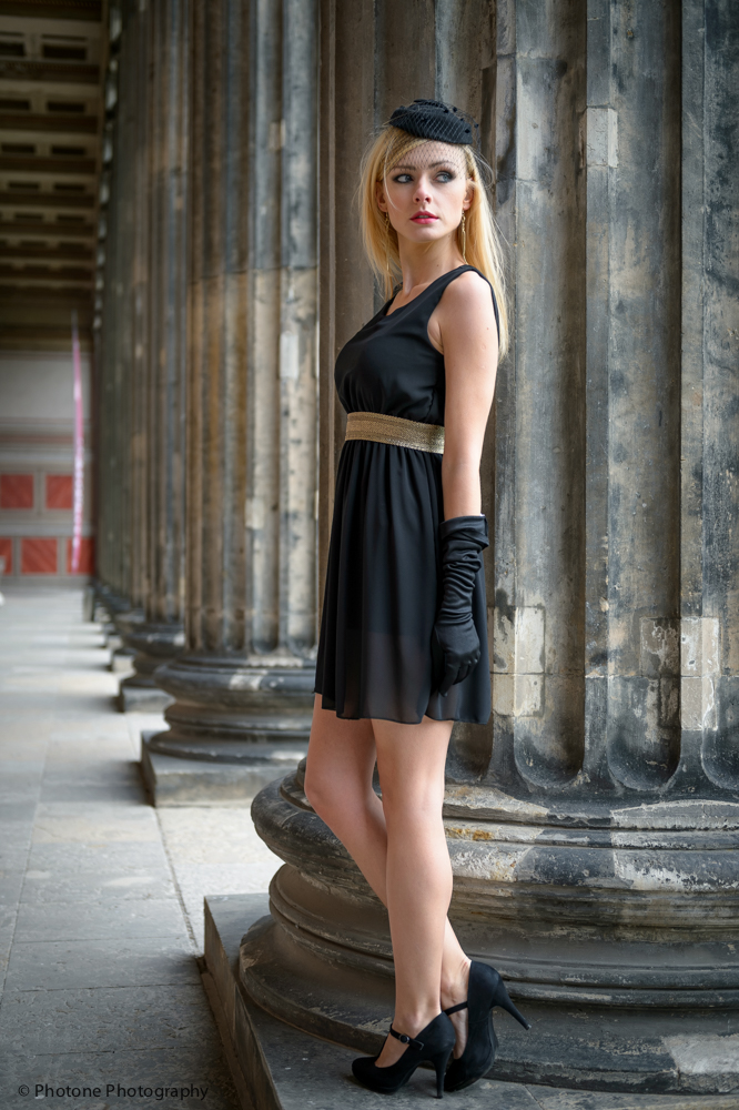 German blonde in black dress
