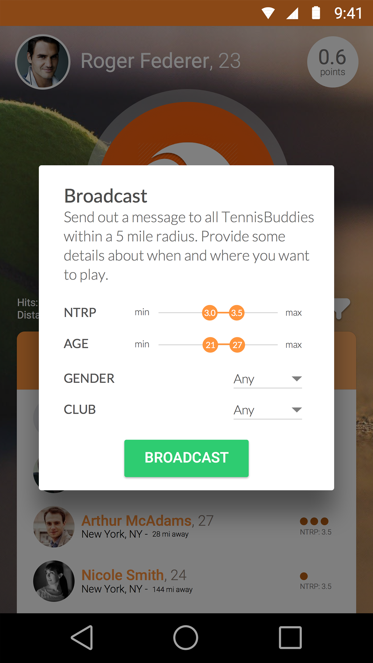 tennis Buddy android app material design sketch user Interface Experience game sport player