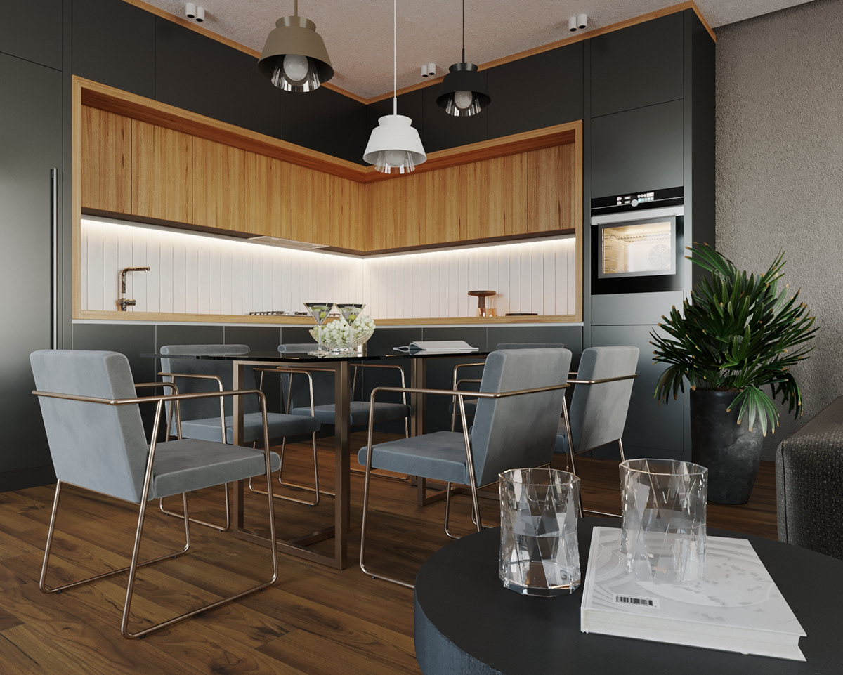 3д-визуализация визуализация Визуализация интерьера Интерьер гостинная кухня