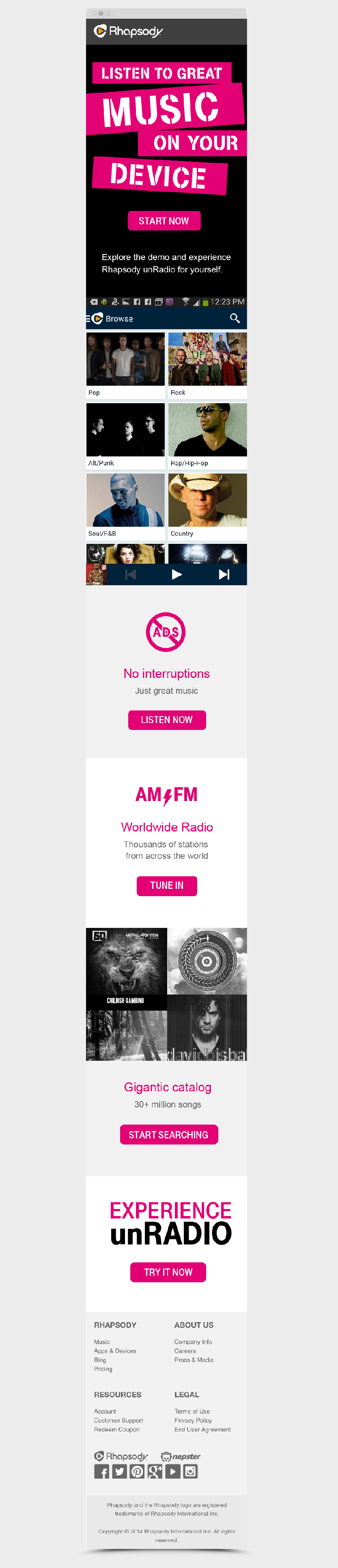 T-Mobile rhapsody unRadio landing page music streaming mobile app movement