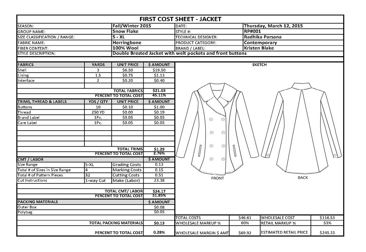techpack competitor research cost analysis design sheets fabric details Fabric/Trim Placement Bom spec sheet pattern card Construction Callout Cost sheet comparison chart Technical Design