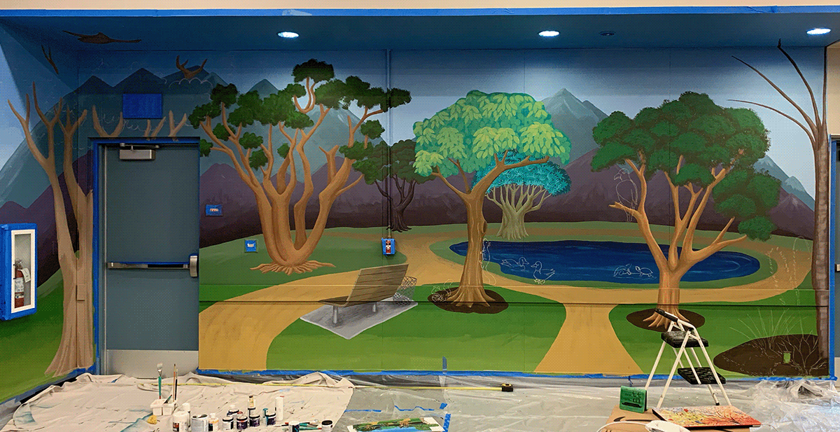 Mural nature scene Park trees Library Mural eagle reading room elementary school mural Landscape Carson Reading Project