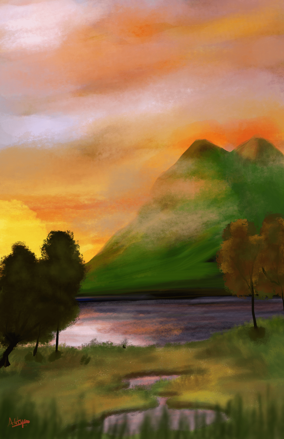 An Illustration of a Hill side lake views with beautiful orange evening skies 