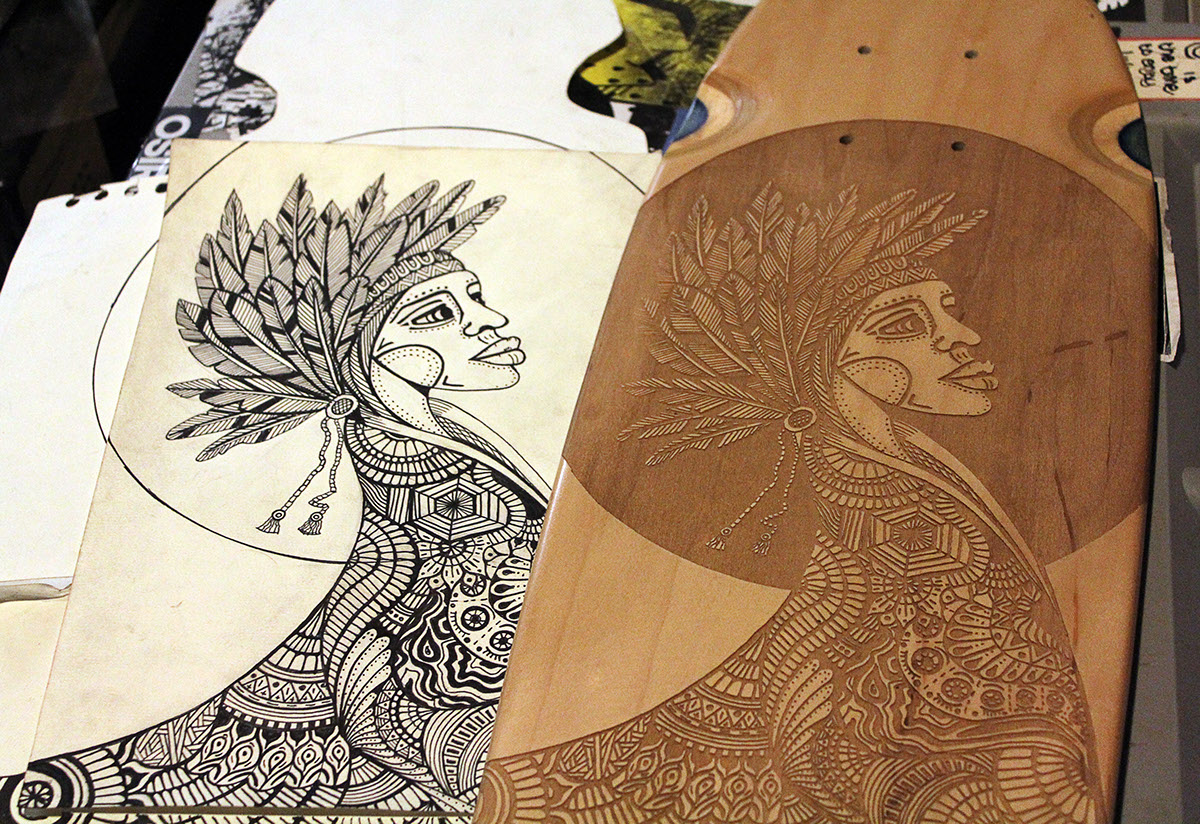 Laser Engraving laser cutting skateboard tribal pattern ink wood engraving skate Board artbynone manchester