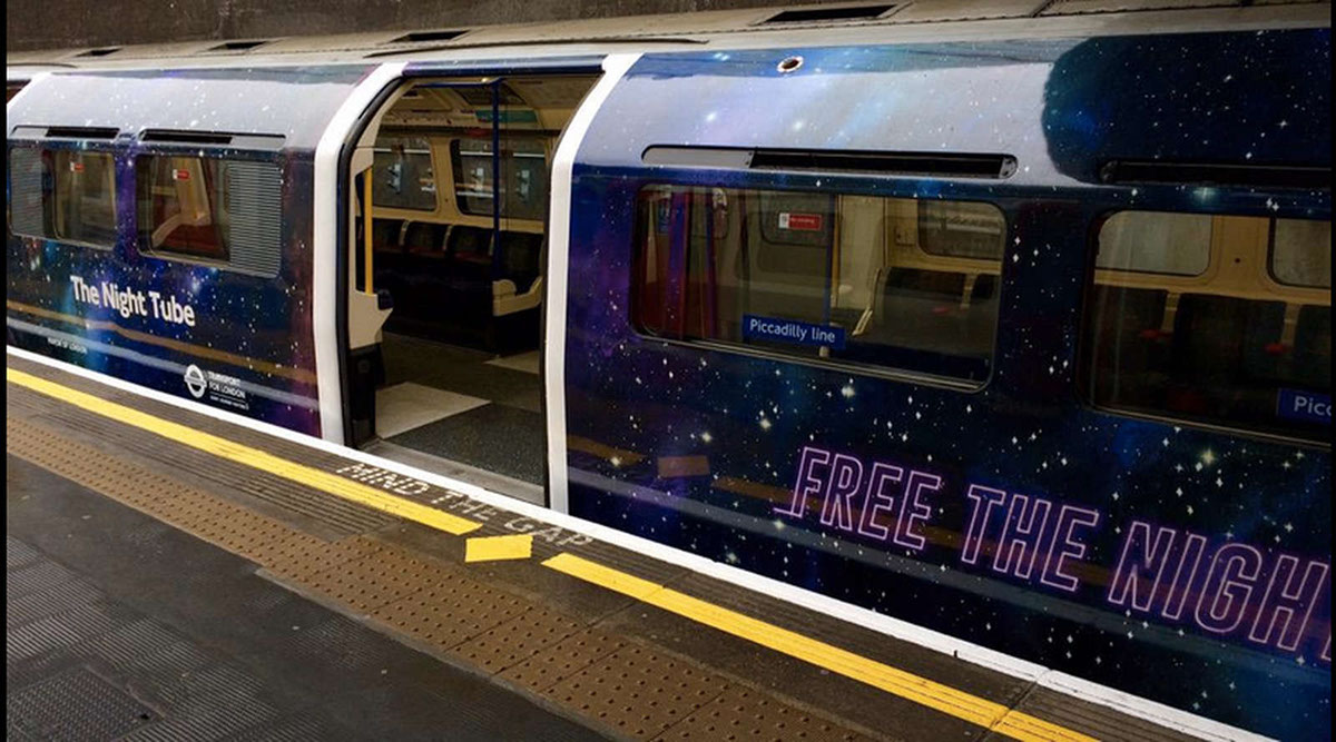 Adobe Portfolio tfl Night Tube Free the Night London london underground poster tube night man night stars SKY freedom