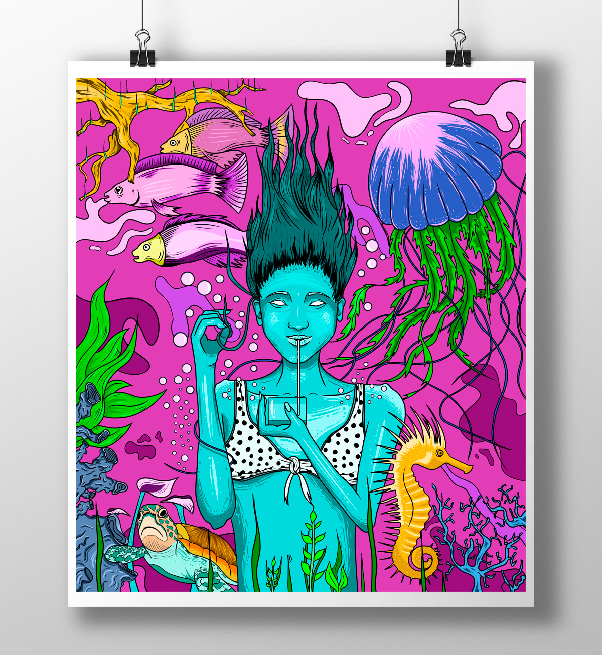 wacom photoshop 2D Ocean woman ILLUSTRATION  draw color animal drink