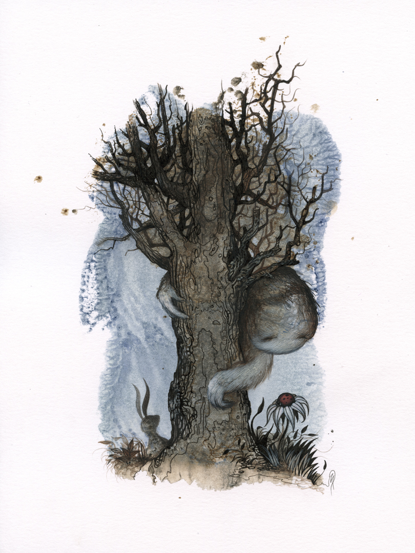 ink drawings surreal strange gentle creatures Tree  leaves roots grass birds