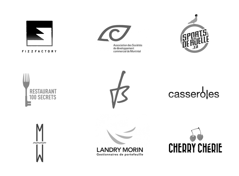 logos Collection identity ASDCM Fizz Factory Sports de ruelle Cherry Chérie 100 Secrets restaurant Landry Morin Marty & Well casseroles