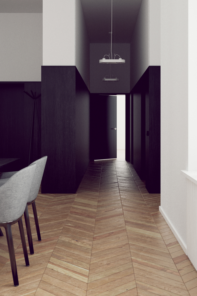 flat Interior black wood kitchen Vitra architecture modern nowoczesny drewno