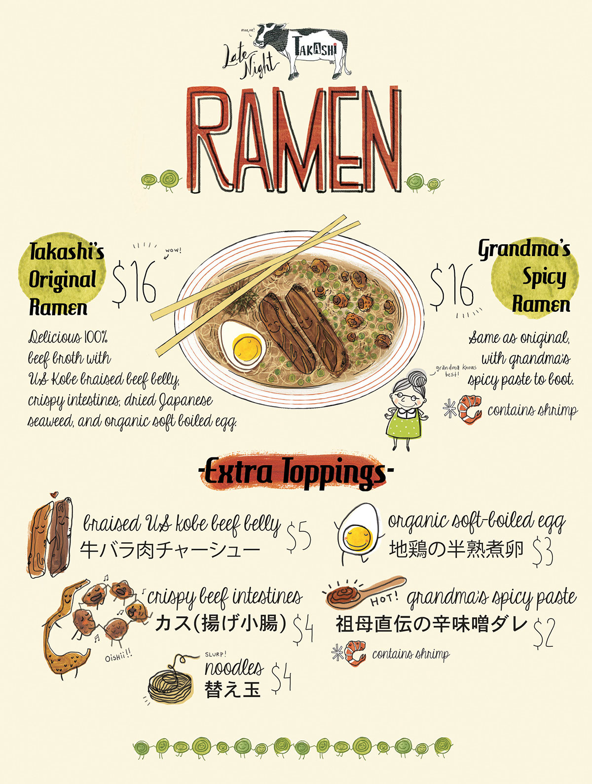 Food  egg ramen Takashi noodles beef menu delicious cute japanese restaurant design