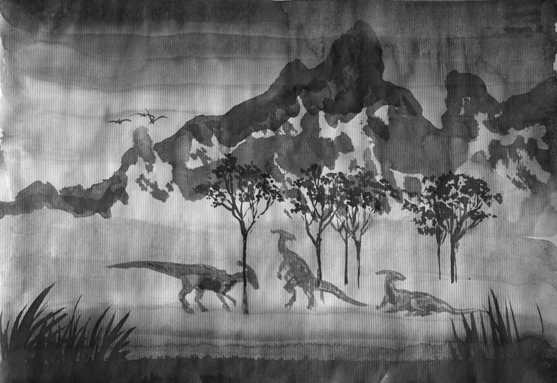 Dinosaur jurrasic ink ink wash black and white Landscape