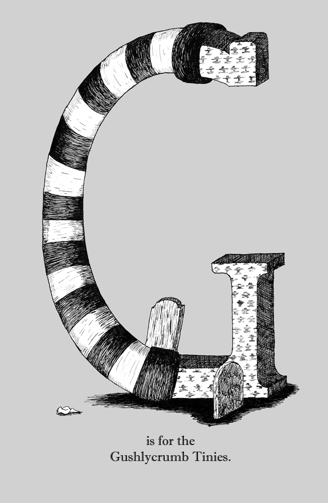 Edward Gorey illustrated typography ink mixed media