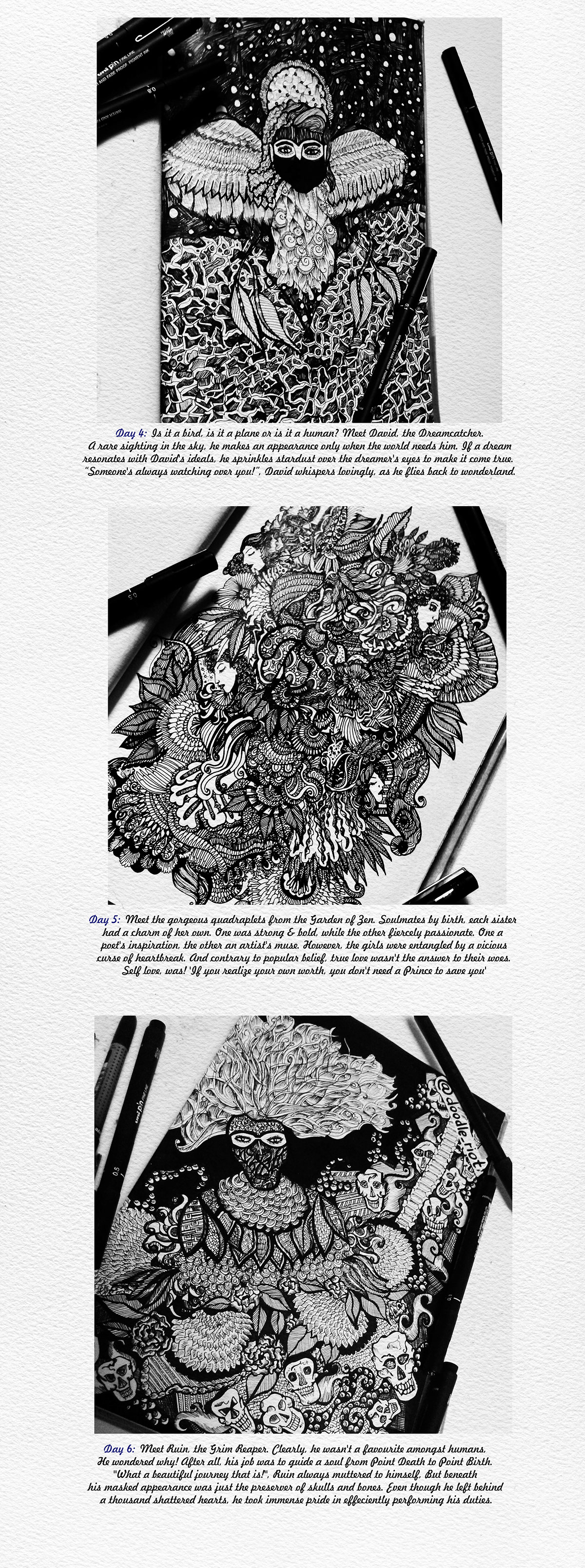 inktober doodling Doodle Riot Kalyani Nerurkar inkdrawing hand-drawn sketchbook characters black and white Patterns ink unipin #writing storytelling   #shortstory