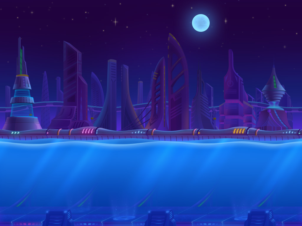 Cat neon city future game run runner UFO cyber robot sci-fi water fish light night