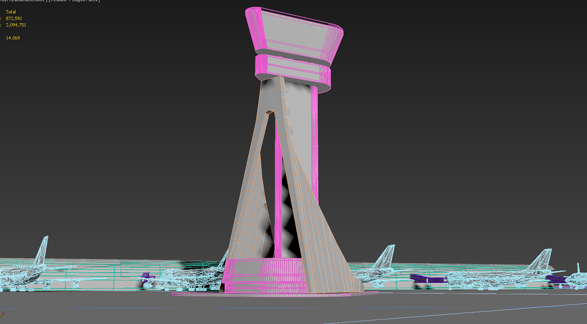airport design 3dsmax modeling air traffic control tower ATCT plane runway