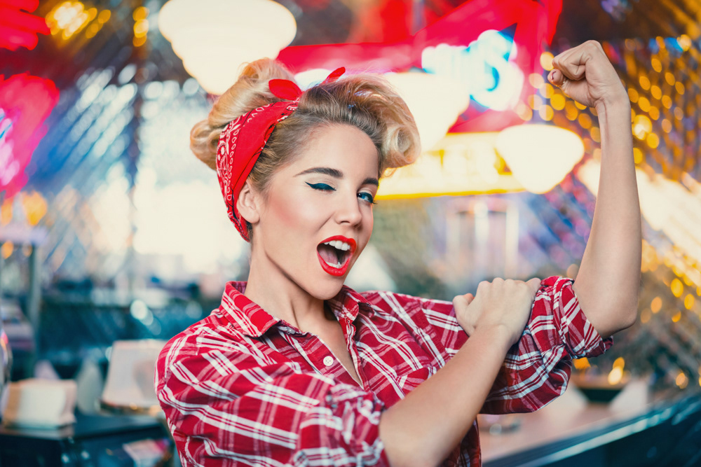 american style glamour pin-up sexy Retro Cafe Beautiful woman in café  old fashioned american