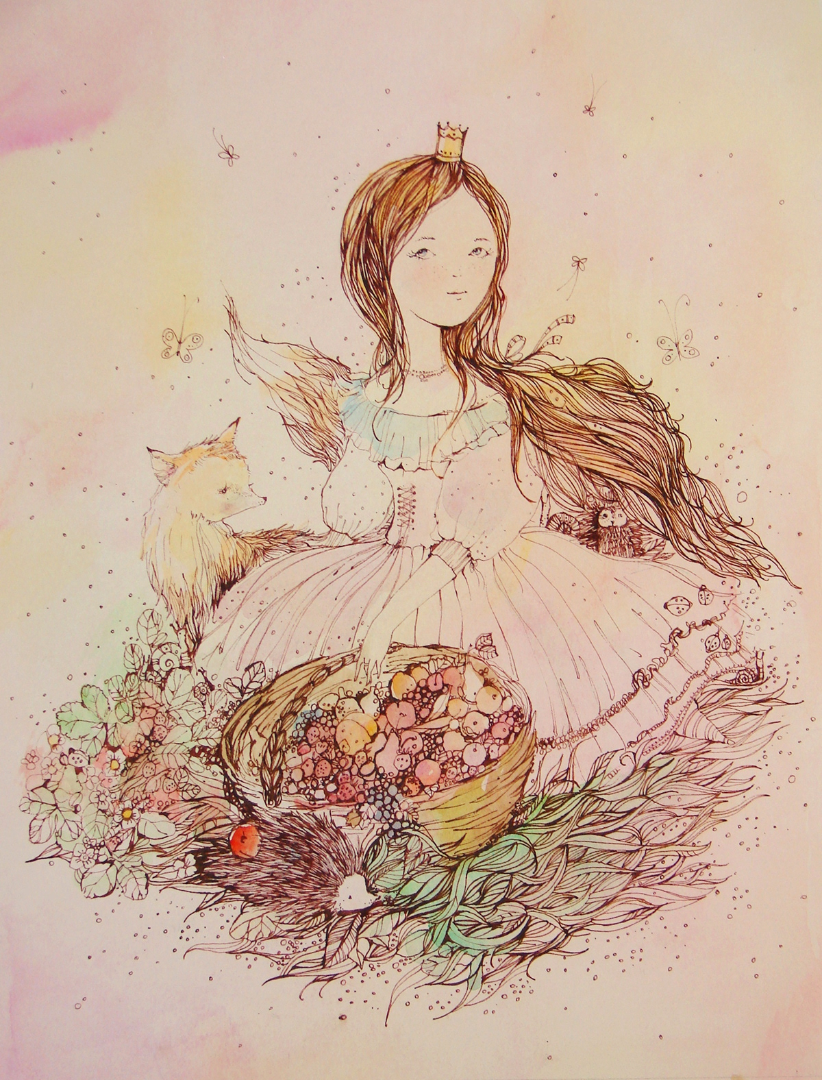 watercolor graphics grass crown berries Fruit Basket girl Princess