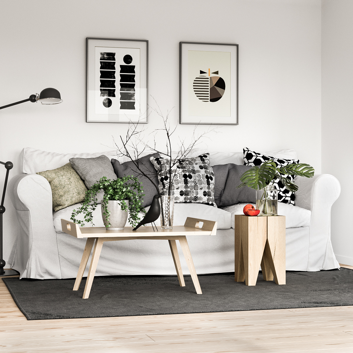 nordic Scandinavian CGI visuzalization 3D Render dining kitchen living room 3d max vray black gray White wooden