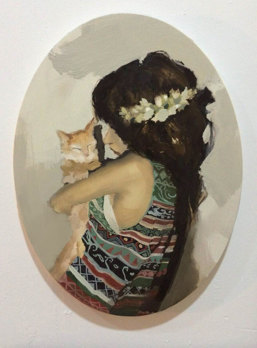 oil portrait girl Cat canvas oval color japanese black Board