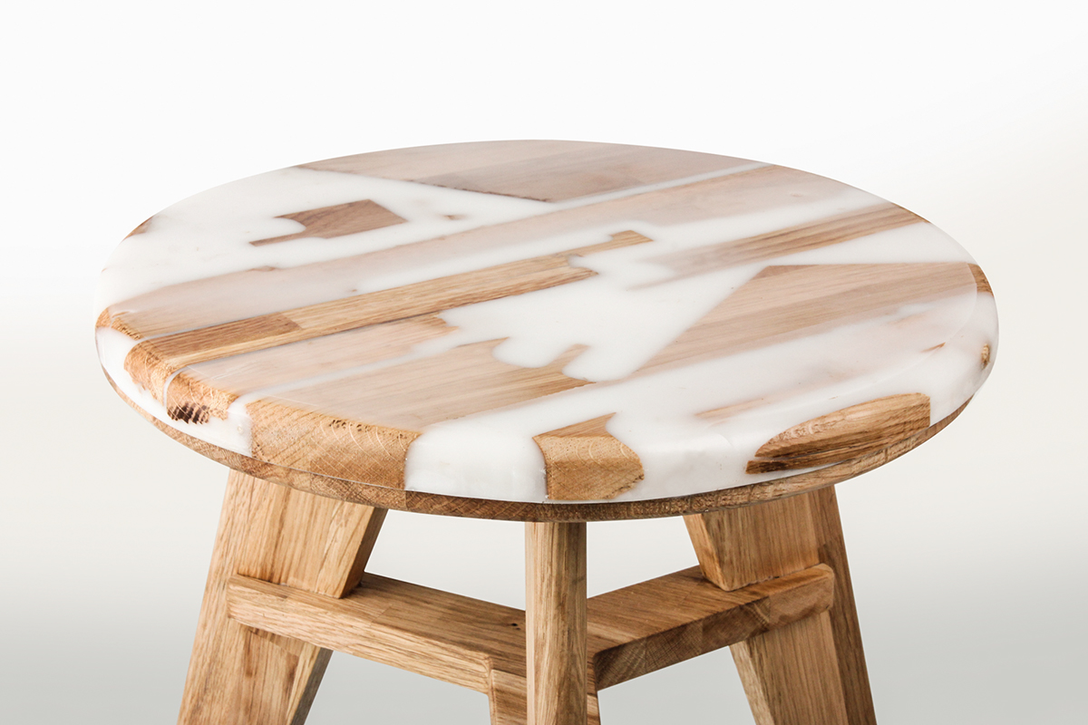 chair stool Up-Cycling design studio hybrid wood white oak Zero per stoo leftover 0%. zero furniture HATTERN upcycle