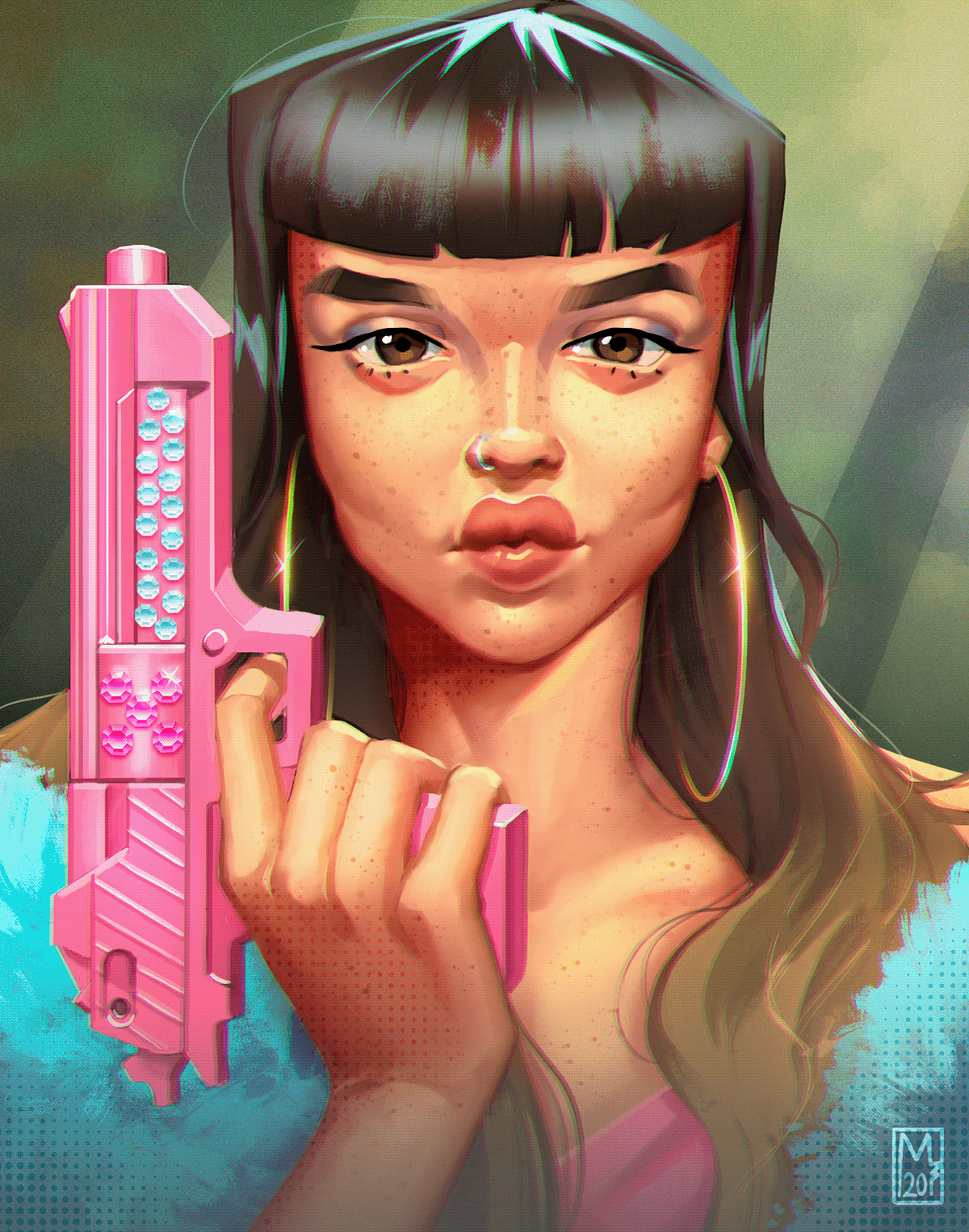 badass cool cute girl portrait Gun photoshop portrait study
