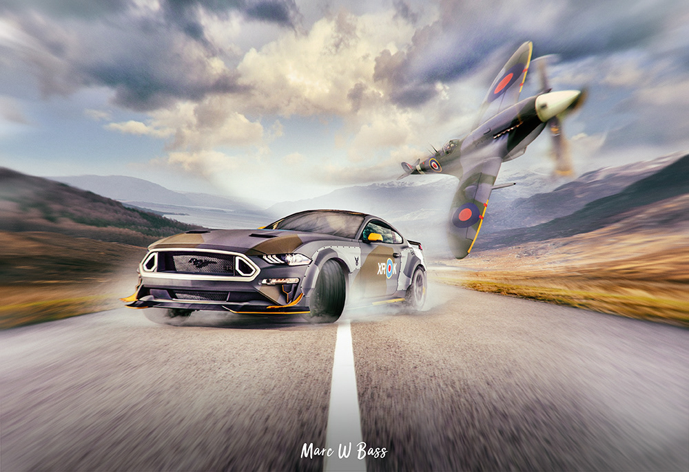 Ford Mustang Spitfire War ww2 Vaughn Gittin JR airplane drift Racing car art
