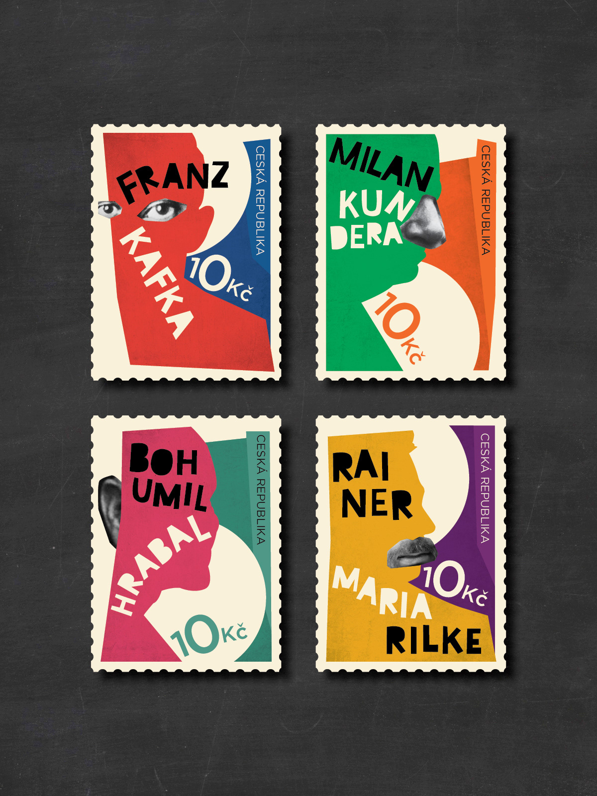 postage stamps Czech Republic Famous Writers Franz Kafka milan kundera Rainer Maria Rilke Bohumil Hrabal