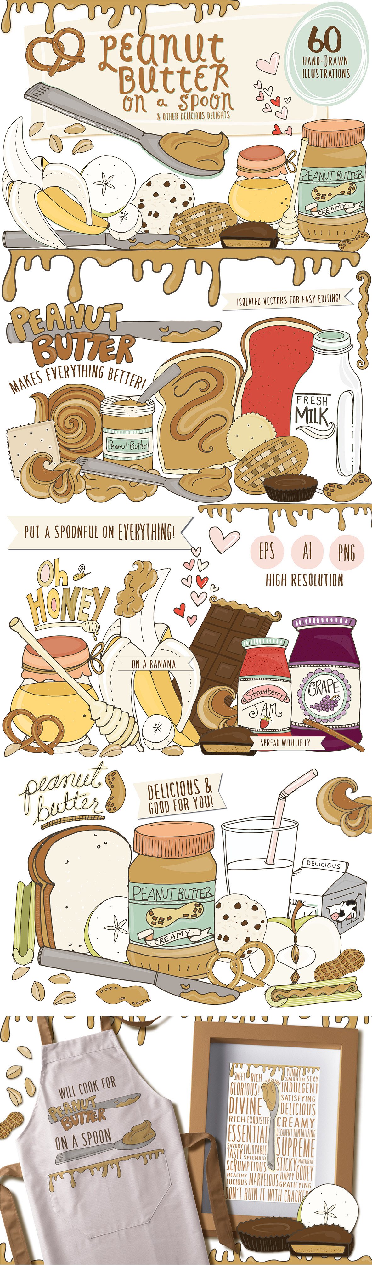 vector illustrations clipart peanut butter Hand-drawn illustrations breakfast food Commercial Use Art graphics food illustrations