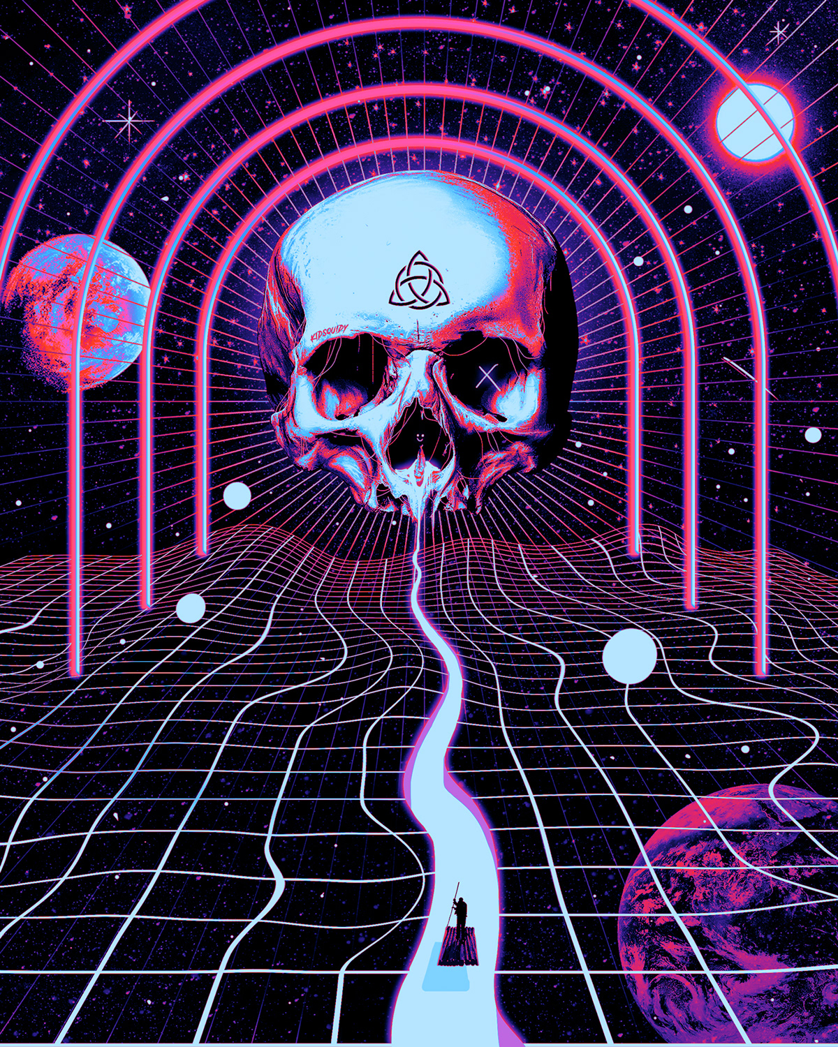 horror neon optical illusion pop poster Scifi skull Space  trippy vector
