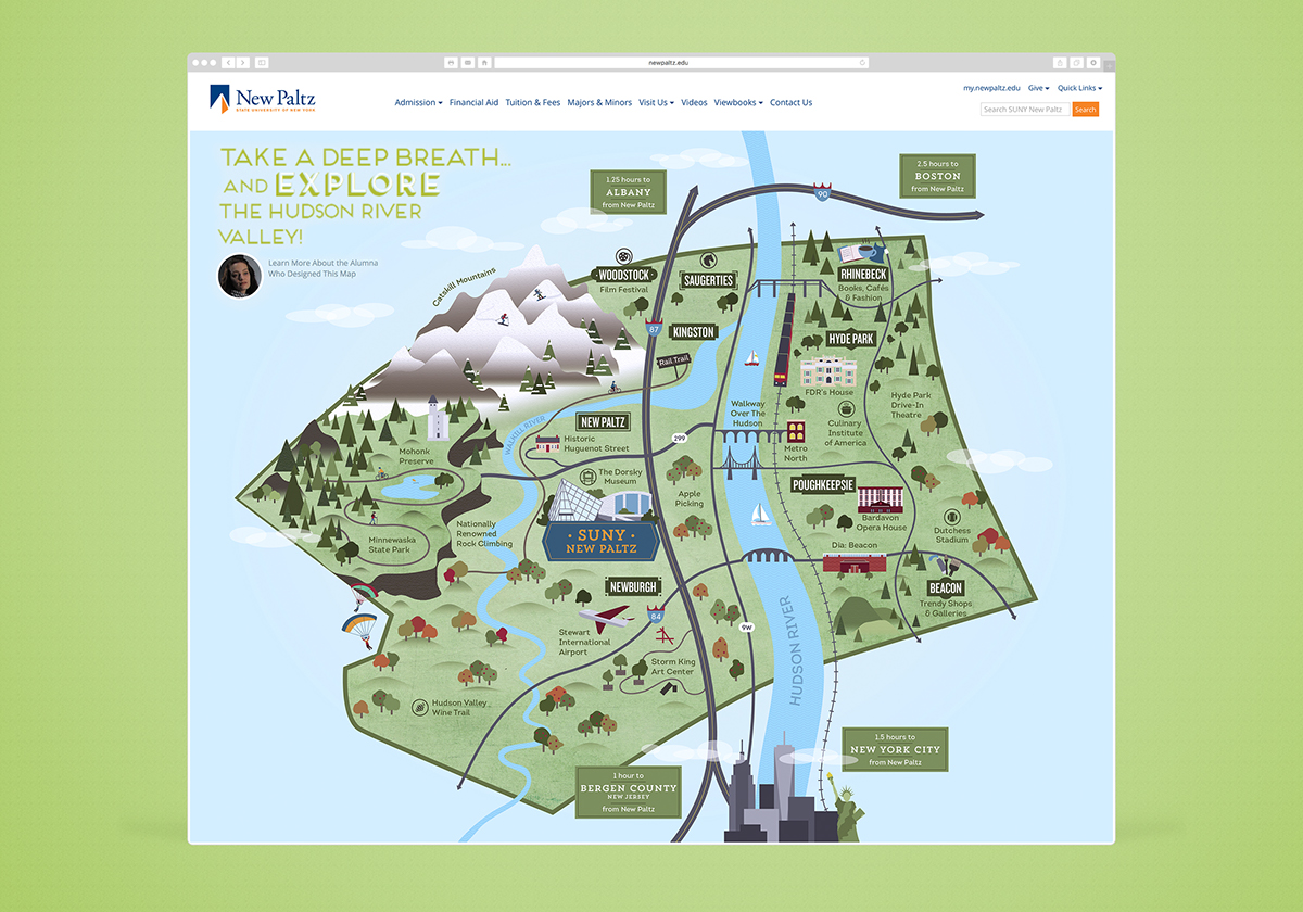 map hudson valley Upstate NY Ulster County Poughkeepsie New Paltz woodstock Alumnae icons ourdoors tourism