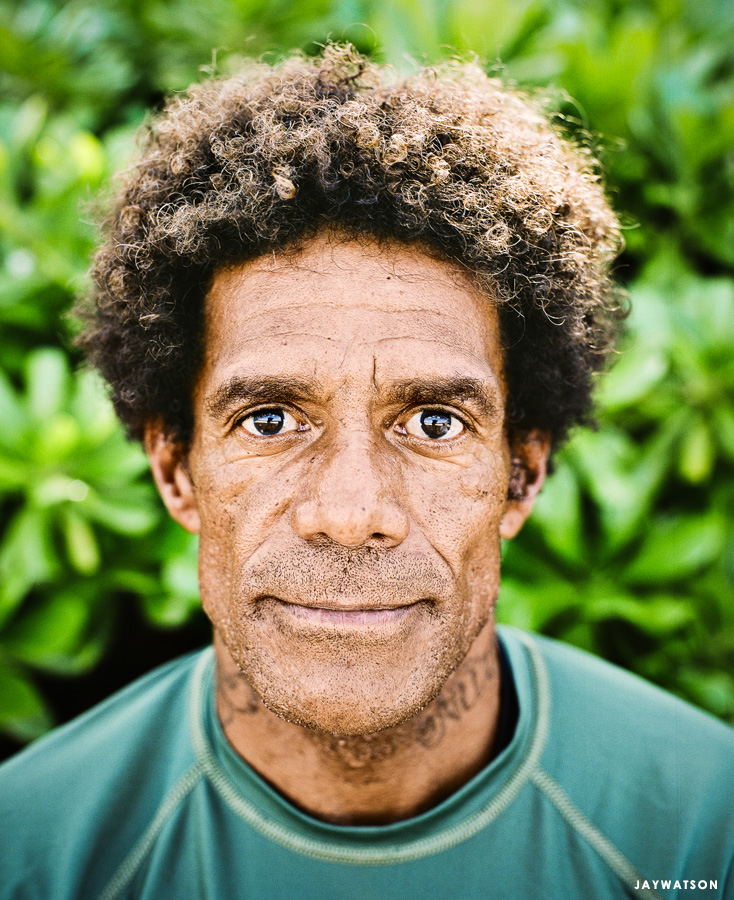 Editorial portrait of surfer Buttons Kaluhiokalani in Oahu Hawaii
