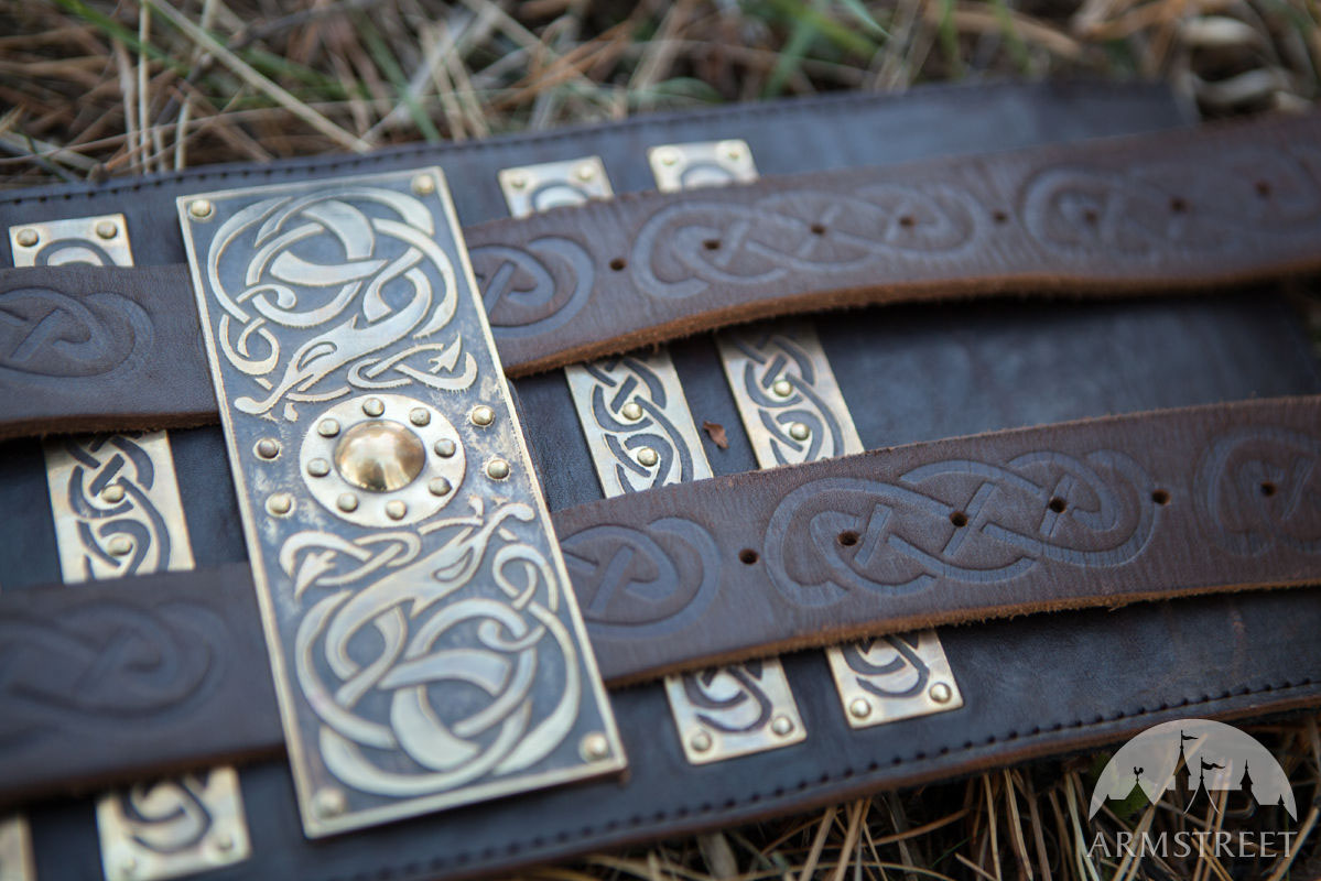 vikings belt bracer etching brass leather metal north wa warror fairy tale myth dragon
