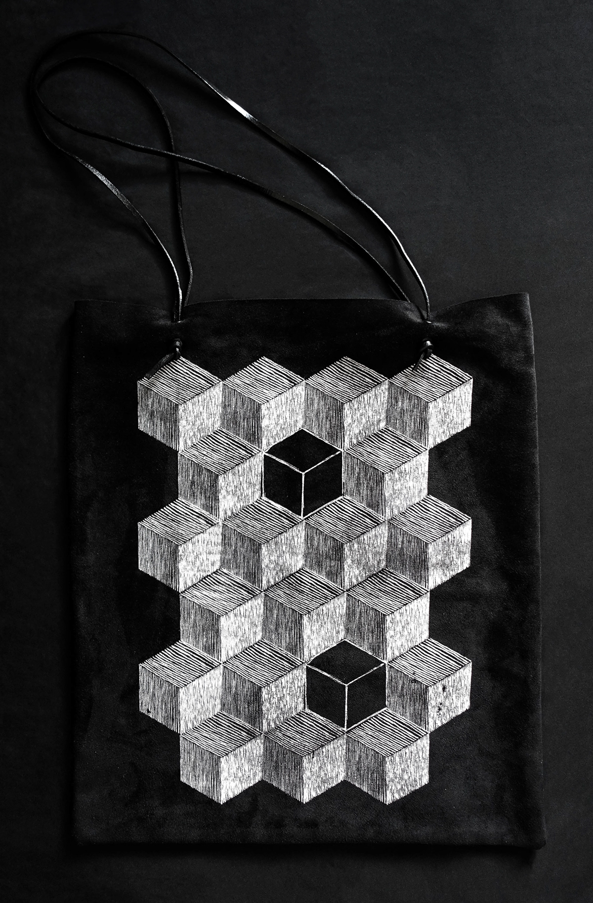 suede cotton bag print graphic screen printing geometry Black&white b&w heksaedr