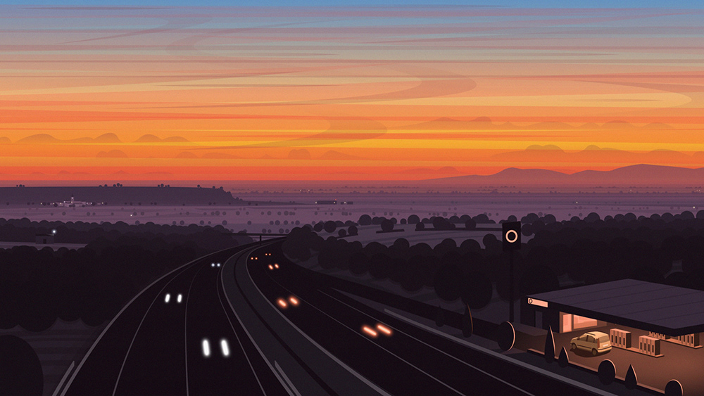 Fiat Panda gas station Landscape Lleida road SKY spain sunset twilight vector