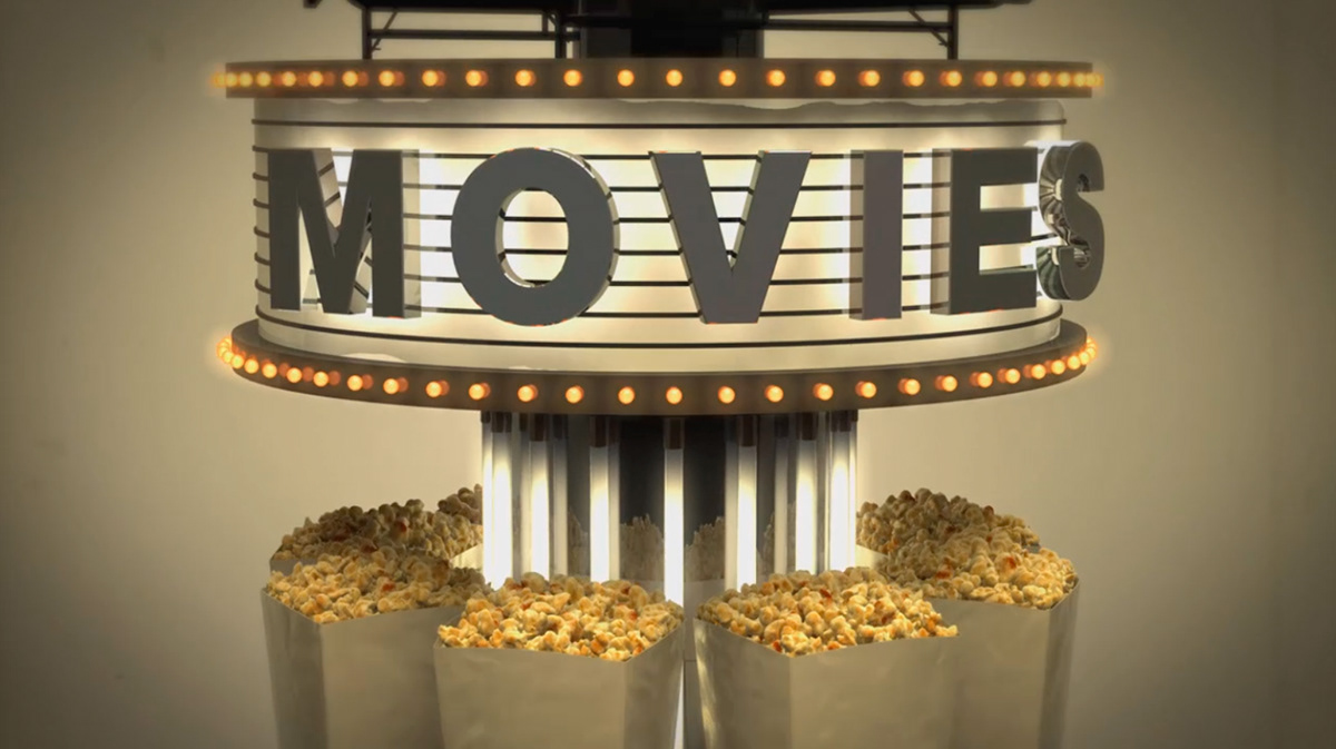Get Tv Channel Classic Movies Retro films Pop corn Render cinema 4d lights seats screen Projector pitch ID