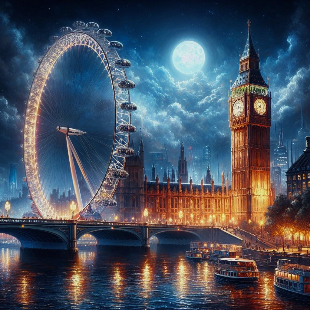 big ben clock tower London double decker full moon dramatic low angle