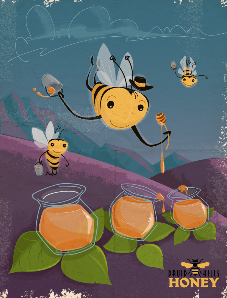 honey  bees  flowers   sun  yellow  flying  bugs  insects  advertising   illustrator