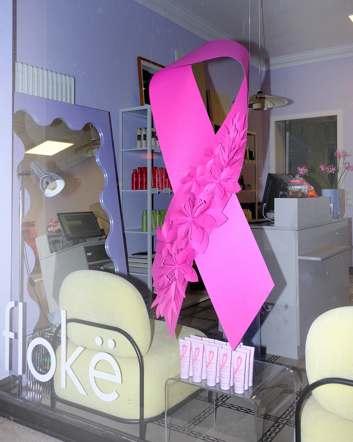pink Window Display cancer awareness paper papercraft paper artist Flowers floral aveda cancer awareness month