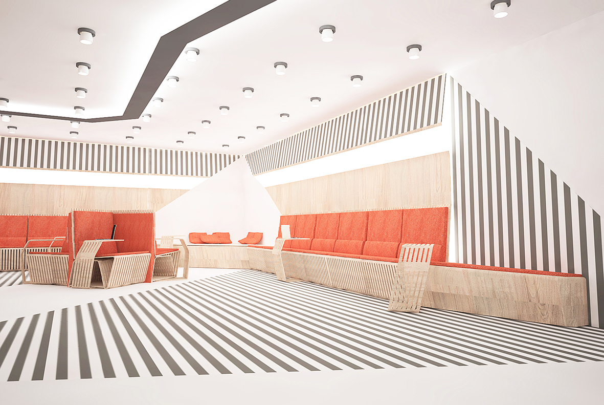 art-center op-art illusion student furniture museum Interior 3D red plywood visualization wood ketarbuzova kiev