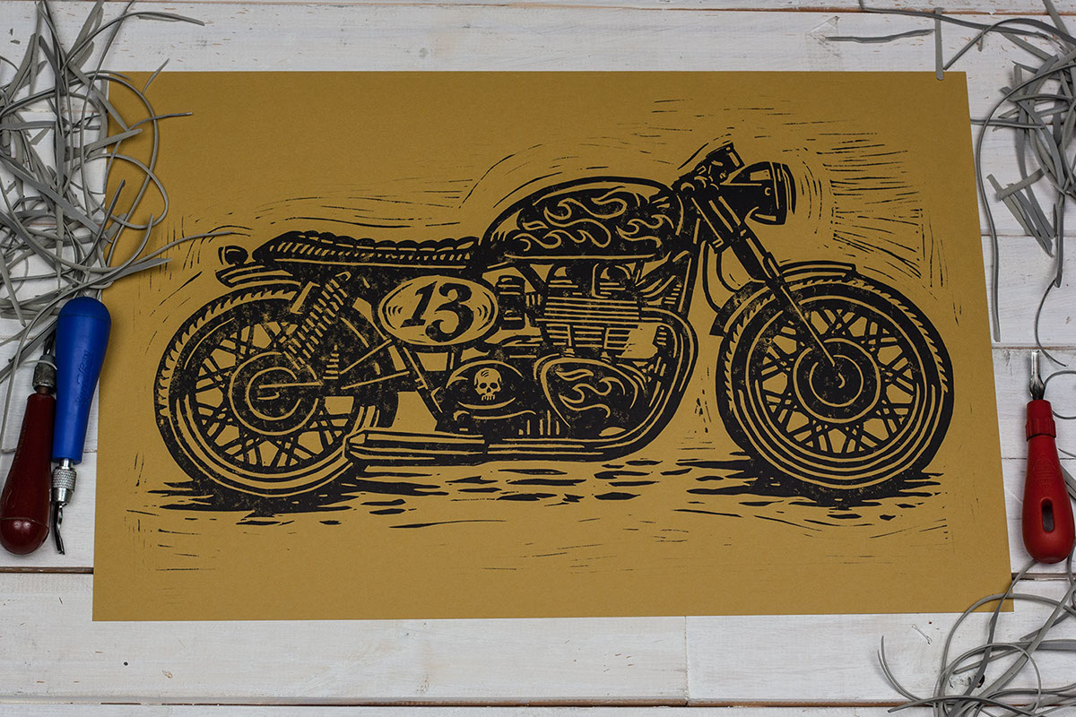linocut block print cafe racer motorcycle moto americana print art print