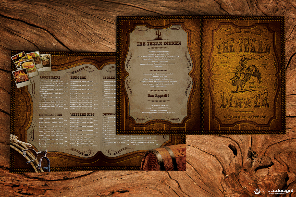 Country Music leather wood cowboy coyote bar grill BBQ rodeo menu brochure western menu farwest menu western