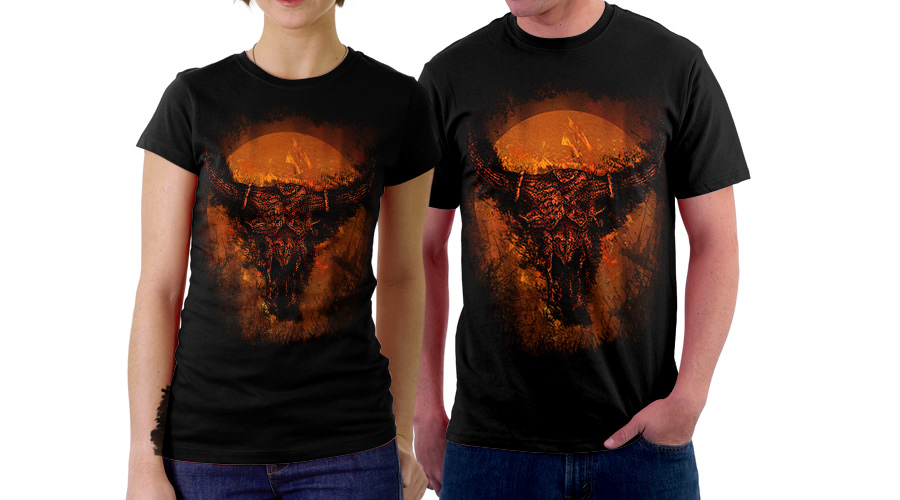 Buffalo skull tshirt design orange dark cool black