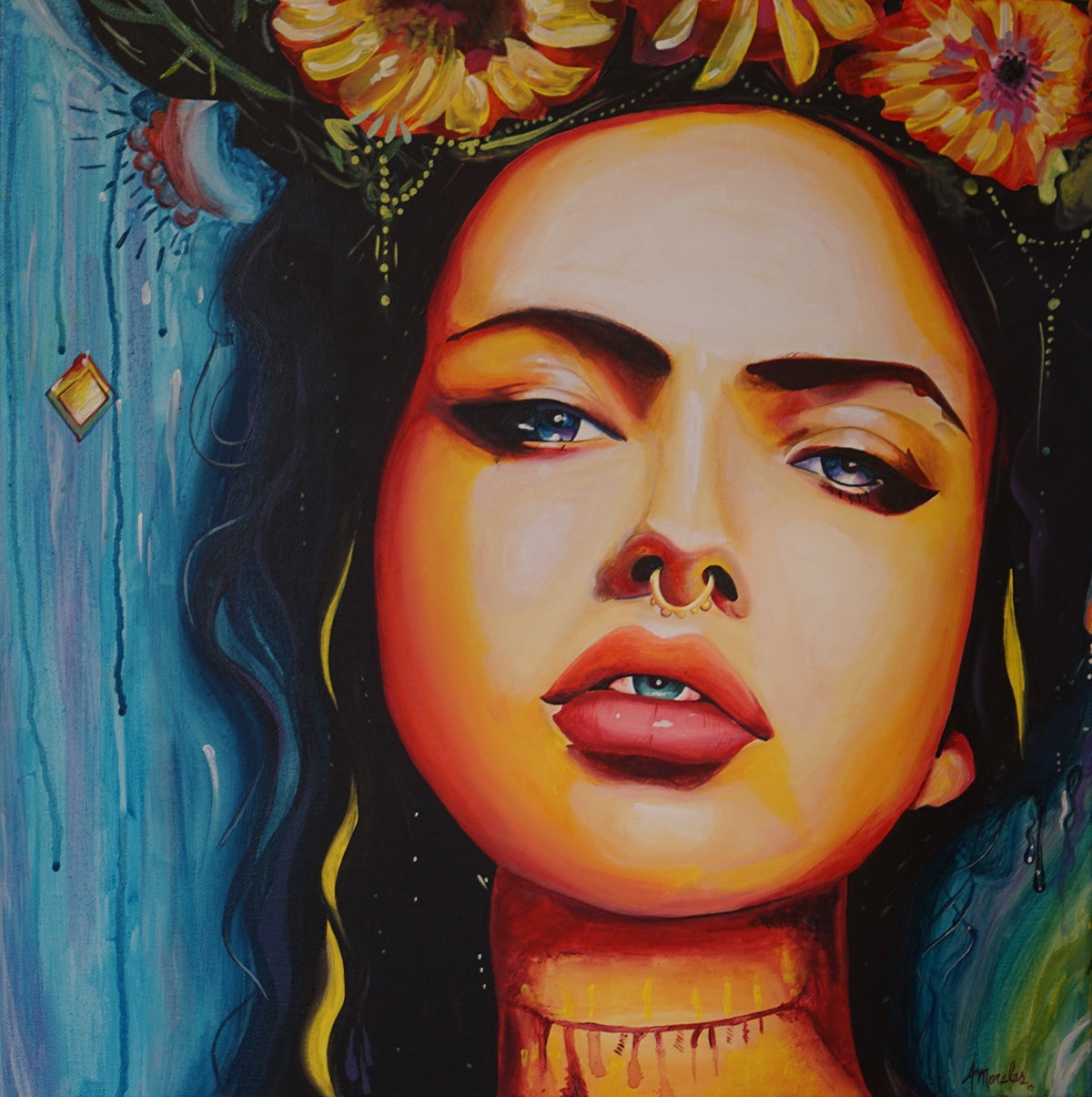 painting   acrylics Flowers flower crown girl stabbed nose ring blue art paint