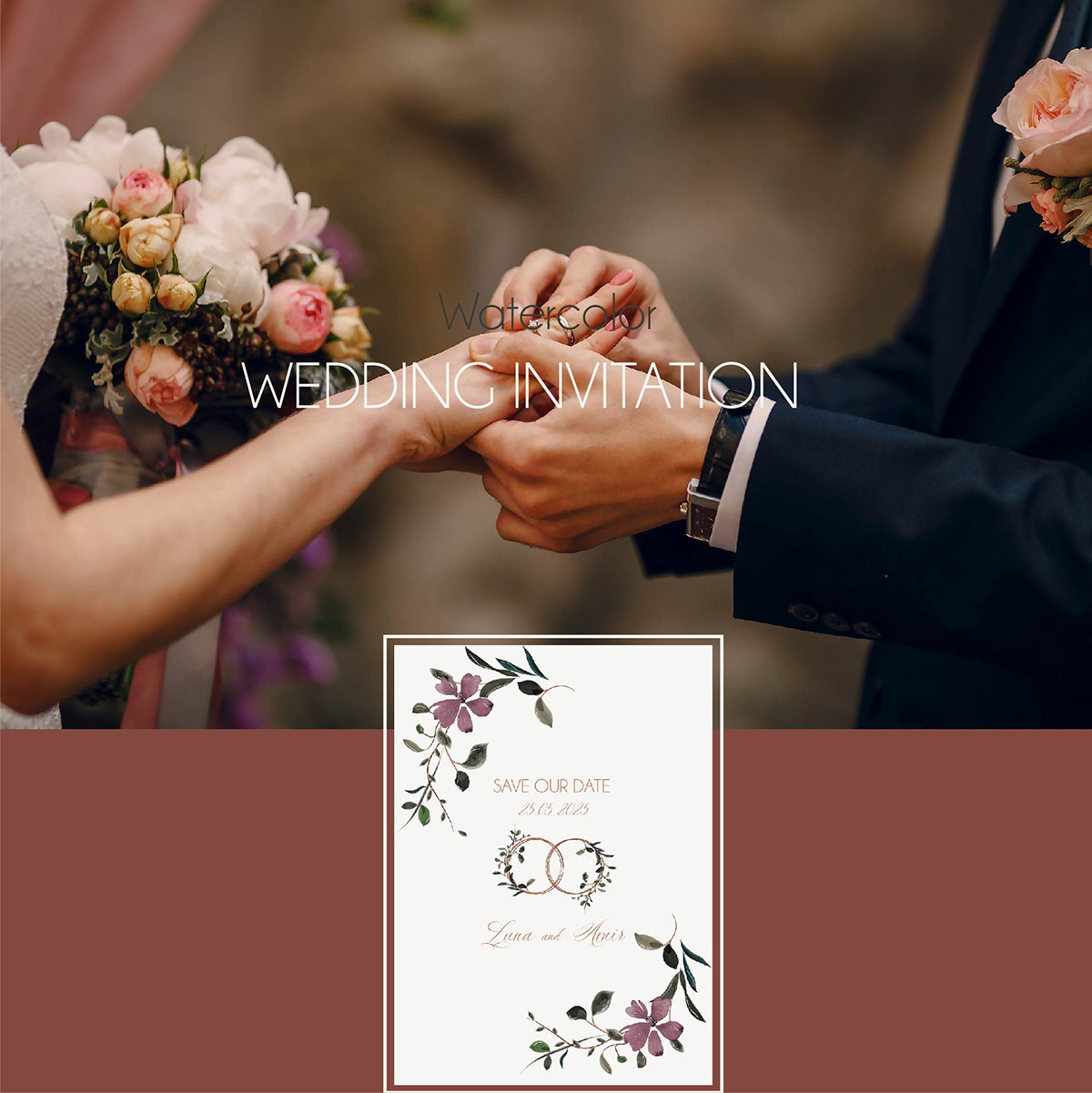Watercolor wedding invitation in rustic style
