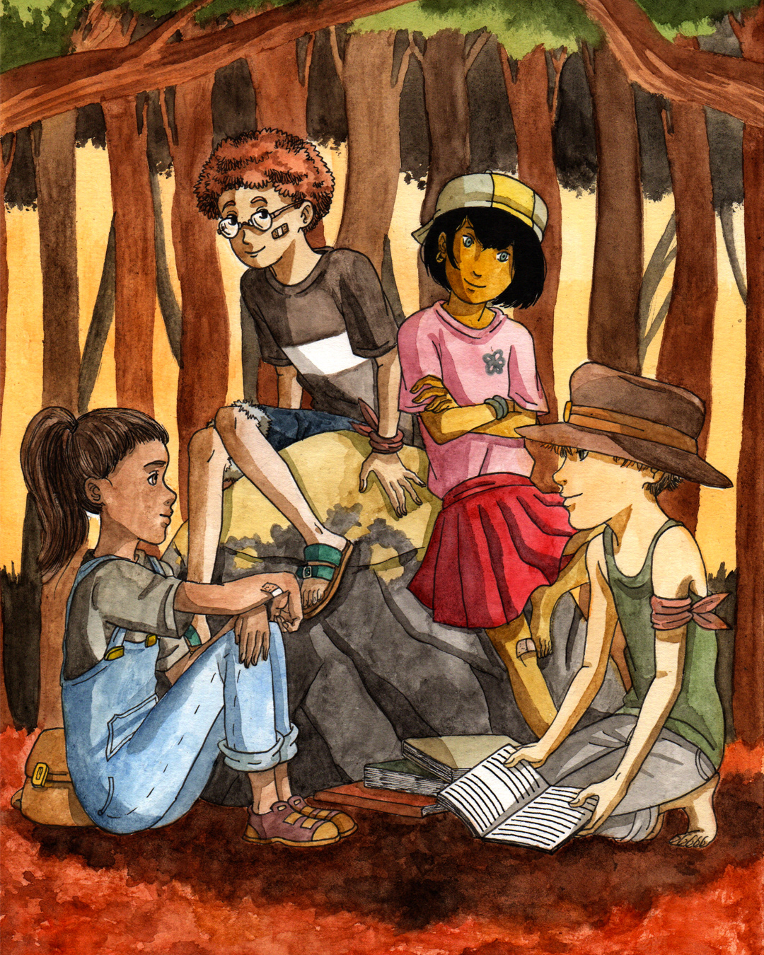 Bande d'enfants dans les bois. - Group of children in the woods.