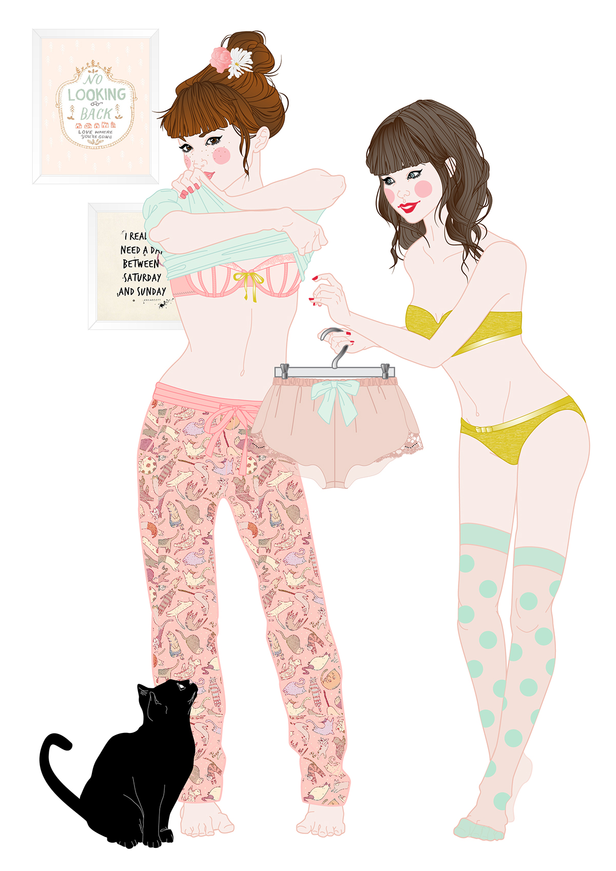 sil lingerie Silhouette dessin mannequin Cat pyjama color