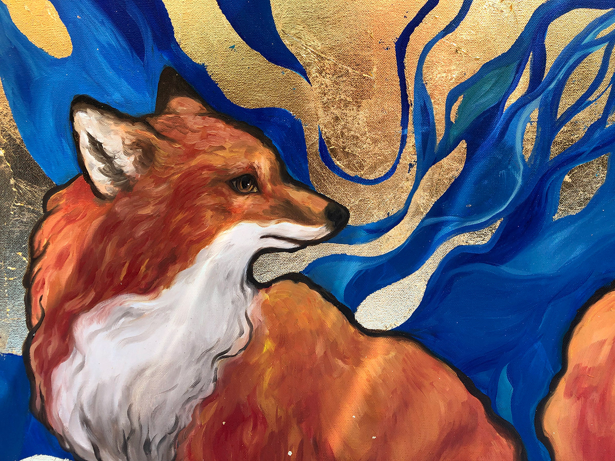 gold leaf FOX animals ILLUSTRATION  animal illustration fine art vulpes red orange flame