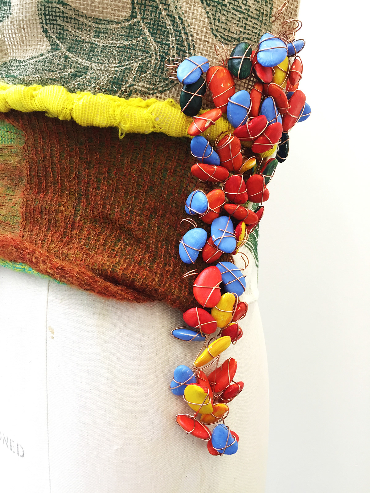 garment knit machine knit wool hacien banana print linocut print copper wire beans beads