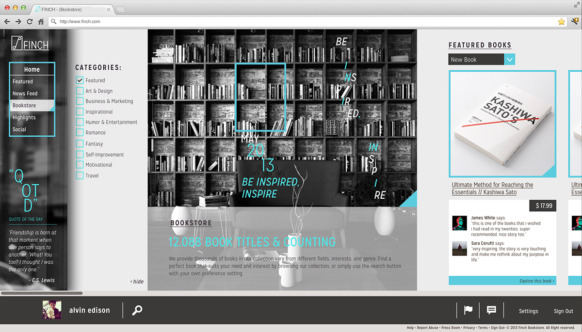 Finch online social Bookstore black white teenagers Young Website design